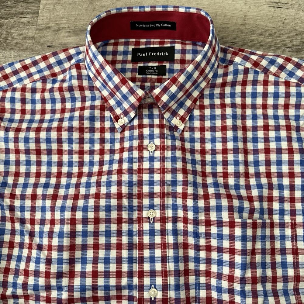 Paul Fredrick Classic Fit Non-Iron Two-Ply Cotton Shirt Mens 17x34 Gingham NEW